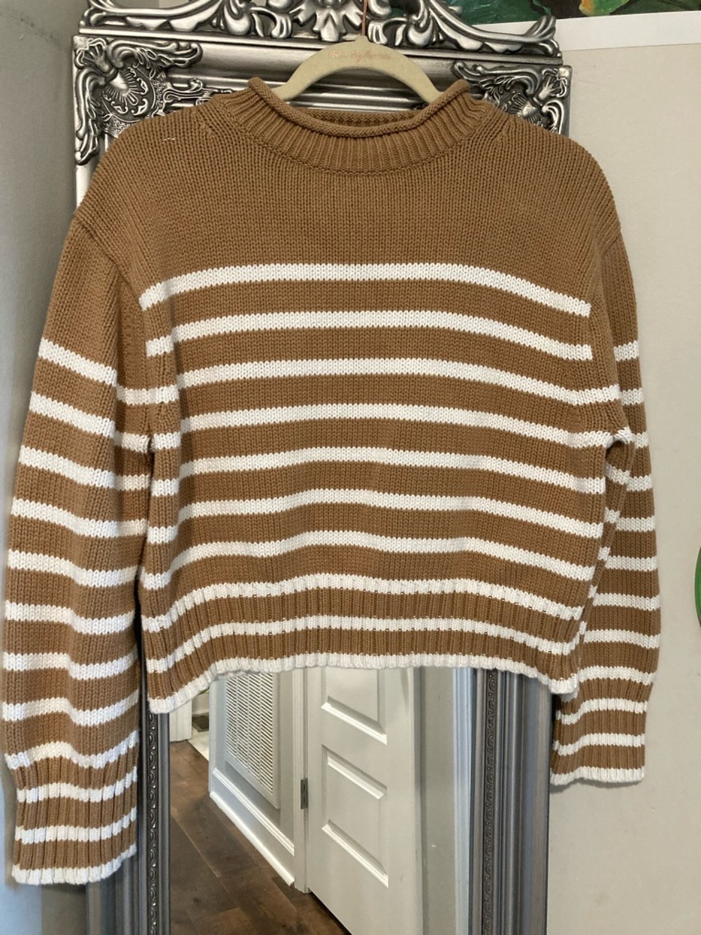 J. Crew Camel & White Striped Crewneck Sweater